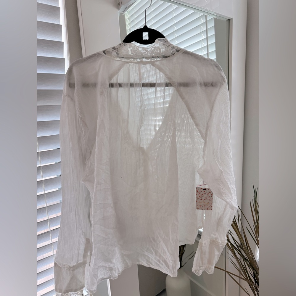 Free People White Sheer Lace-Trim Blouse - Picture 5 of 8